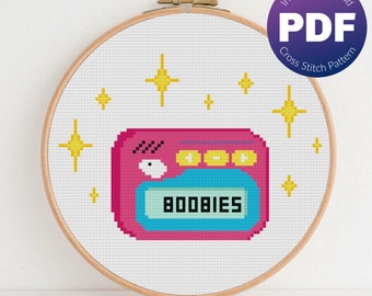 Funny Quote Cross Stitch Pattern - 1990s Pager, Boobies Quote, 90s Nostalgia, Retro - PDF Instant Download