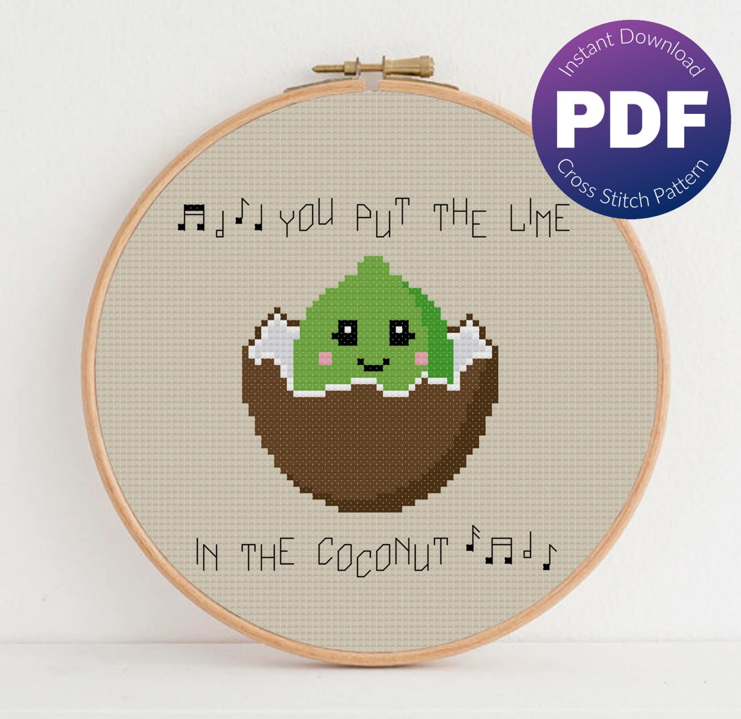 Cute Lime in a Coconut Cross Stitch Pattern - Song Lyrics, Musical Notes, Kawaii - PDF Instant ...