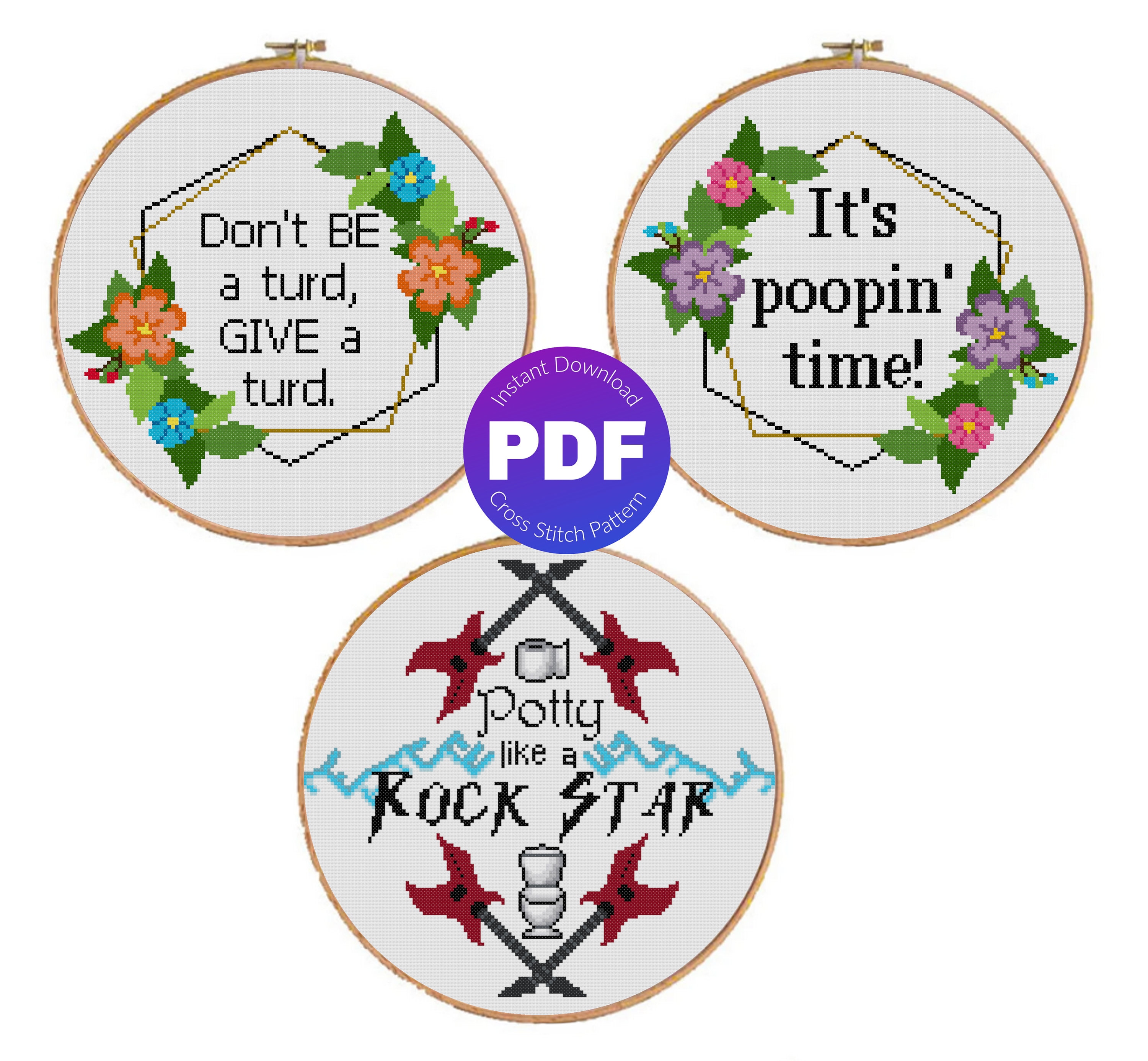 Set of 3 Cross Stitch Patterns Potty Bundle Funny Bathroom Etsy