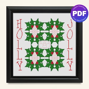 Christmas Cross Stitch Pattern - Holly Leaves Design, Snowflakes, Snowmen, Holly Jolly - PDF Instant Download