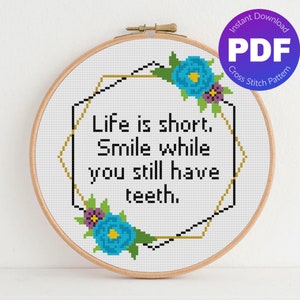 Funny, Snarky Cross Stitch Pattern - Smile While You Still Have Teeth - PDF Instant Download