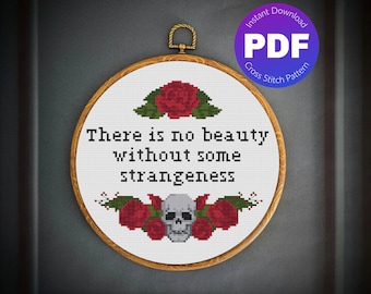 Edgar Allan Poe Quote Cross Stitch Pattern - There Is No Beauty Without Some Strangeness - PDF Instant Download