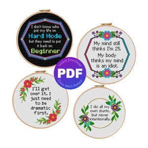 Set of 4 Cross Stitch Patterns, Dramatic Quotes Bundle - Snarky, Sarcastic, Funny, Floral - ZIP, PDF Instant Download