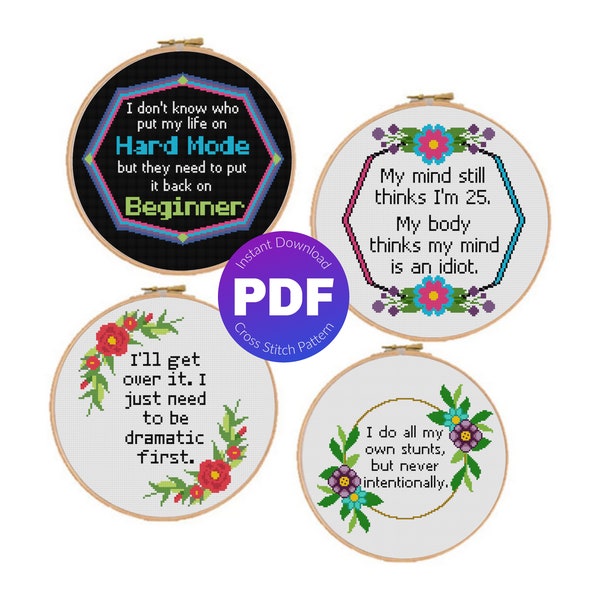 Set of 4 Cross Stitch Patterns, Dramatic Quotes Bundle - Snarky, Sarcastic, Funny, Floral - ZIP, PDF Instant Download