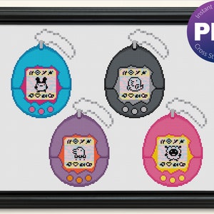 May include: Four colourful pixelated Tamagotchi-style digital pet toys. Each toy has a different colour and a different pixelated image on the screen. The toys are arranged in a square pattern.