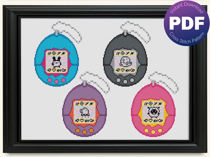 May include: Four colourful pixelated Tamagotchi-style digital pet toys. Each toy has a different colour and a different pixelated image on the screen. The toys are arranged in a square pattern.