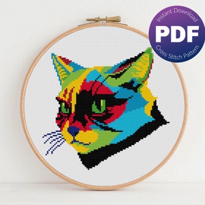 Cat Cross Stitch Pattern - Colorful Modern Art Cat - PDF Instant Download