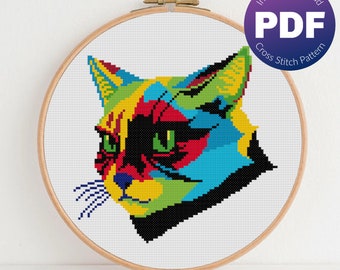 Schema punto croce gatto - Gatto colorato di arte moderna - Download immediato PDF