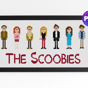 May include: Cross stitch pattern featuring a group of seven pixelated characters, including a man in a brown jacket, a woman in a pink jacket, a man in a brown jacket, a woman in a black shirt and red trousers, a man in a black suit, a woman in a blue dress, and a man in a blue and white checked shirt. The text "THE SCOOBIES" is below the characters.