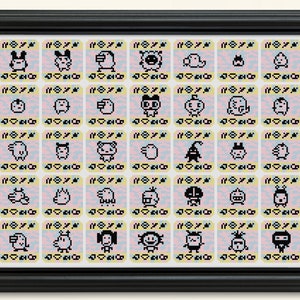May include: A framed print of a grid of 40 pixel art characters, each in a square with a yellow border. The characters are black and white and have a variety of expressions and poses.