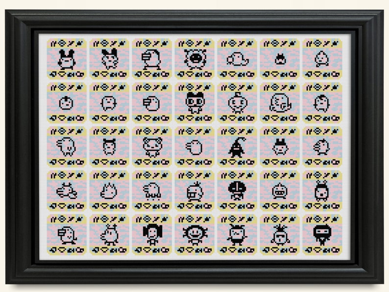 May include: A framed print of a grid of 40 pixel art characters, each in a square with a yellow border. The characters are black and white and have a variety of expressions and poses.