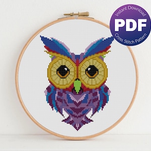 Owl Cross Stitch Pattern - Colorful Modern Art Owl - PDF Instant Download