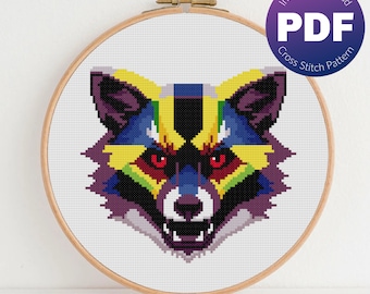 Raccoon Cross Stitch Pattern - Colorful Modern Art Raccoon - PDF Instant Download