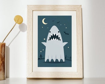 Cute Ghost Shark, Halloween Home Decor, Ghost Art Poster, Digital Wall Art, Digital Download