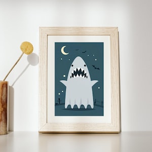 Tubarão fantasma fofo, decoração de casa de Halloween, pôster de arte fantasma, arte de parede digital, download digital