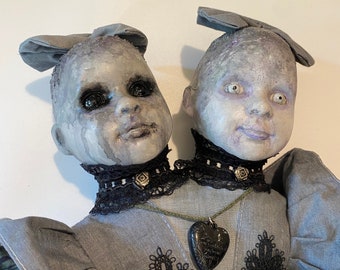 Gothic vintage doll conjoined twins MIMI&BEBE Halloween horror art