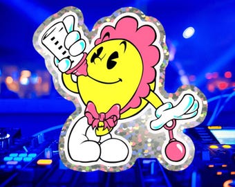 Baby Pac-Man Glitter Sticker, Retro Arcade Vinyl Decal, 80s Gamer Collectible, Classic Arcade Game Sticker, Retro 80's Baby Pac Man