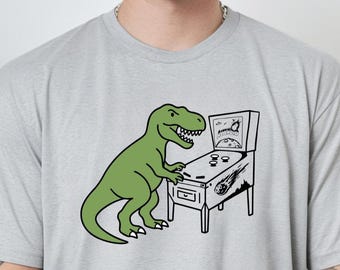 Funny T-Rex Dinosaur Playing Pinball T-Shirt, Gildan Soft Style Tee, Retro Arcade Gamer Tee, Unique Dinosaur Pinball Lover