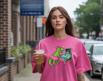 Cute Dino Girl Pinball Shirt, Comfort Colors C1717 Retro Arcade Tee, Pink Dinosaur Gamer T-Shirt, Pinball Gift for Women