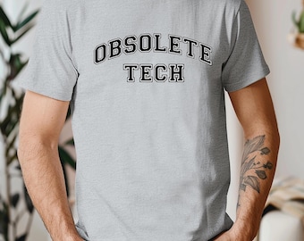 Obsolete Tech Collage Graphic Tee, Retro Computer, VCR, Floppy Disk Humor, Gildan Soft Style Tee