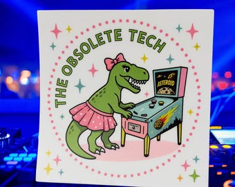 Dinosaur Playing Pinball Sticker, Retro Arcade T-Rex Decal, Obsolete Tech Art