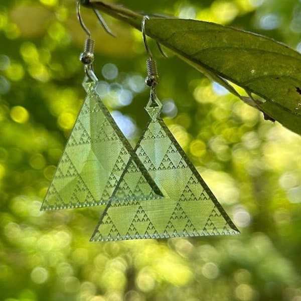 3D printed Sierpinski fractal earrings, clear green, hypoallergenic silver plated hooks