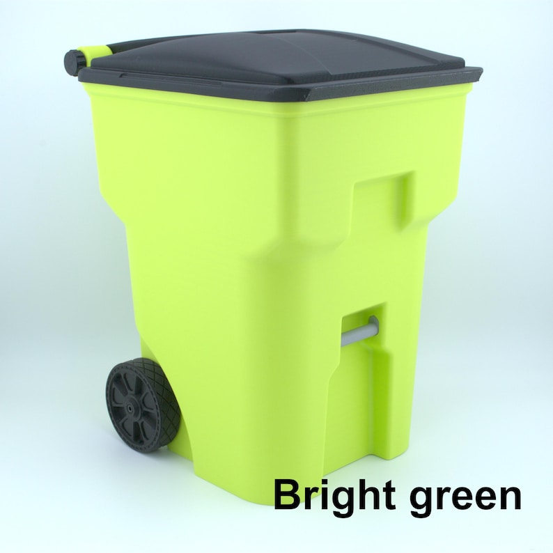Mini Trash Can: 3D Printed with Working Lid Wheels - 10.4" tall - Multiple colors - Desktop Trash Bin - Gift for Kids Room Coworkers Bright green