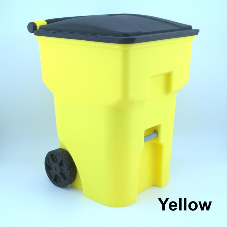 Mini Trash Can: 3D Printed with Working Lid Wheels - 10.4" tall - Multiple colors - Desktop Trash Bin - Gift for Kids Room Coworkers Gelb