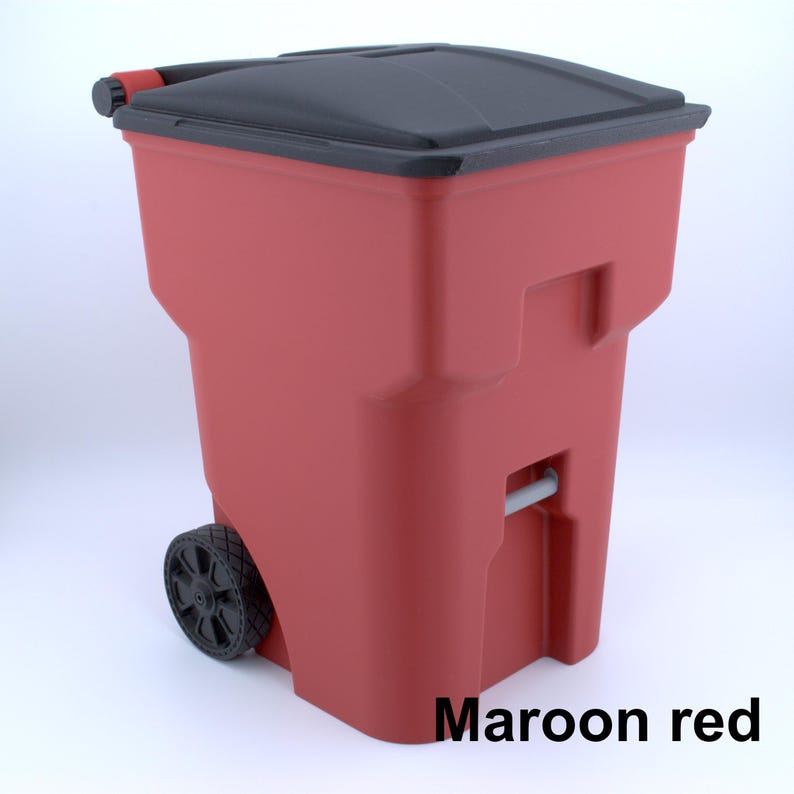 Mini Trash Can: 3D Printed with Working Lid Wheels - 10.4" tall - Multiple colors - Desktop Trash Bin - Gift for Kids Room Coworkers Maroon red