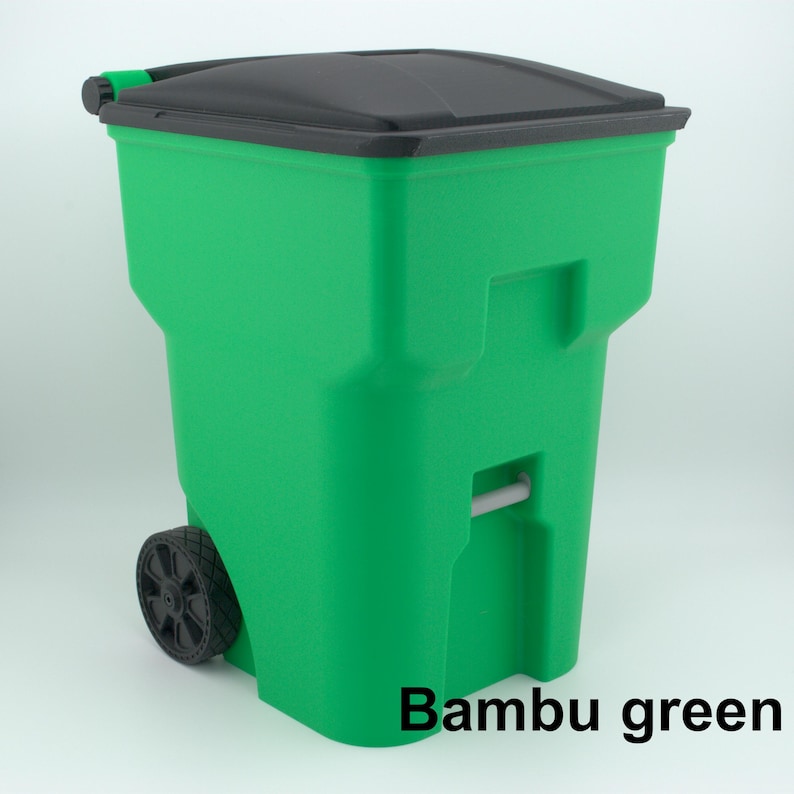 Mini Trash Can: 3D Printed with Working Lid Wheels - 10.4" tall - Multiple colors - Desktop Trash Bin - Gift for Kids Room Coworkers Bambu green