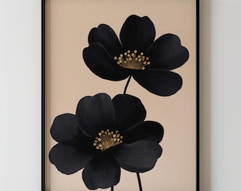 Minimalist Black Spring Flower Wall Art, Modern Abstract Floral Botanical Painting, Contemporary Neutral Home Decor Printable 289