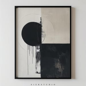 以下が含まれることがあります： 黒、白、グレーの色を使用した抽象画。絵画には、黒い円と白い円、黒い正方形が描かれており、黒い円からは絵の具が垂れている。