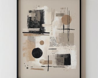 Modern Minimalist Abstract Geometric Printable Black, Beige and White Neutral Shapes And Line Contemporary Living Room Wall Art 104