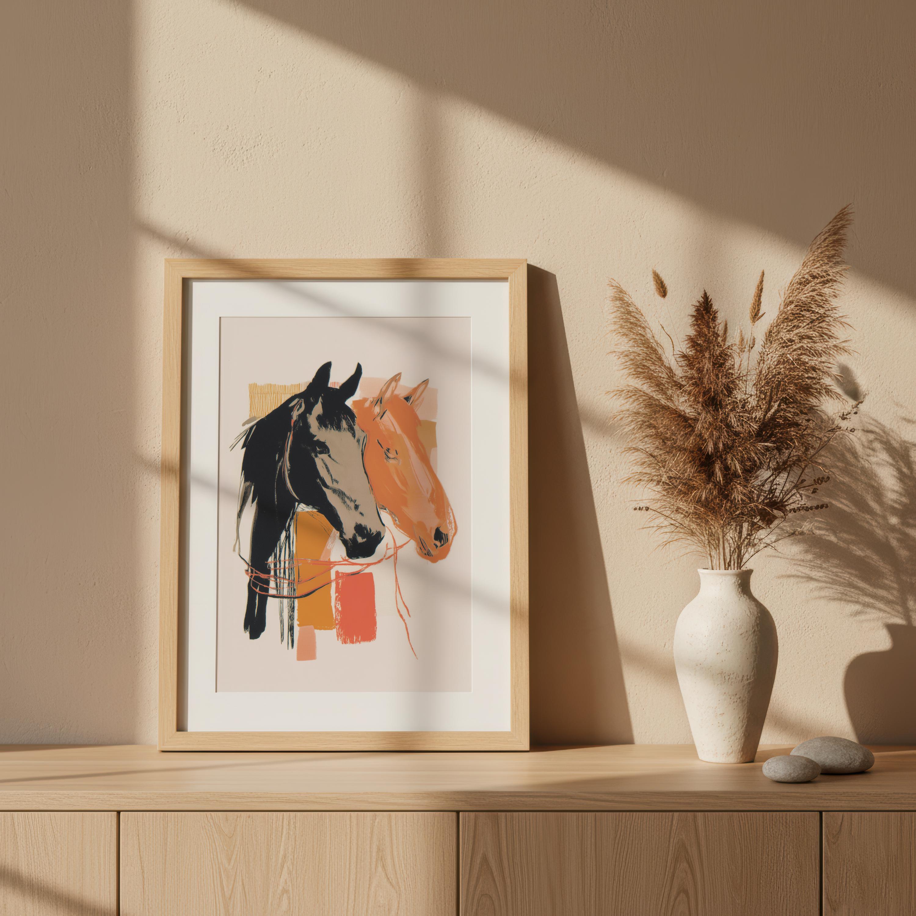 抽象的な馬の壁アート、モダンなオレンジと黒のプリントの馬の絵画