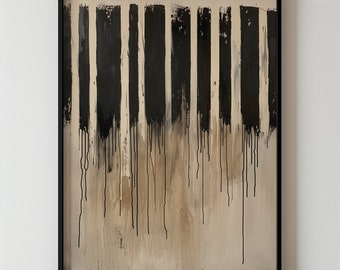 May include: Abstract painting with vertical black stripes on a beige background. The black paint drips down the canvas, creating a textured effect. The painting is framed in black.