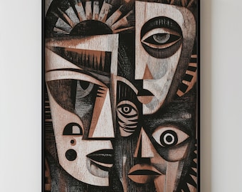 Cubist African Portrait Wall Art, Abstract Faces Printable In Neutral And Black Tones For Modern Cultural Home Interior Decors 431