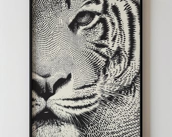 Minimal Tiger Wall Art Print, Abstract Black And White Animal Line Painting, Modern Wildlife Portrait Wall Decor, Downloadable Artwork 856