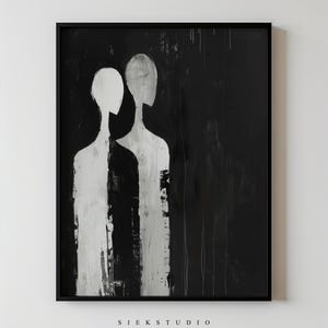 Arte de parede figurativa abstrata, pintura minimalista em preto e branco, decoração grande para impressão, arte contemporânea emocional para espaços modernos