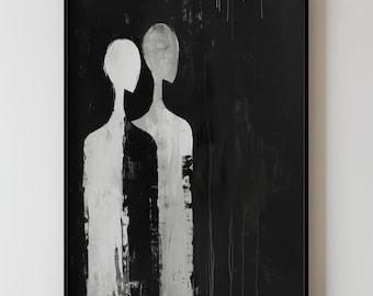 Abstract Figurative Wall Art Black and White Minimalist Painting, Large Printable Decor, Emotional Contemporary Artwork for Modern Spaces