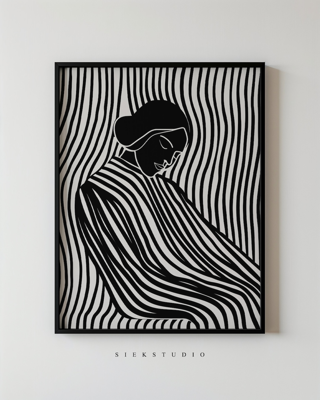 Black and White Female Woman Stripe Line Art Print, Modern Minimalist ...