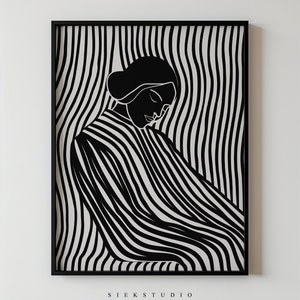 Black and White Abstract Female Art Minimalist Line Art Modern Home Wall Decor, Striped Wall Art Printable Contemporary Digital Download Art