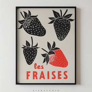 Les Fraises Colorful Strawberry Wall Art, Modern Kitchen Decor Fruit Art Print Retro Wall Poster Digital Kitchen Printable Food French Art
