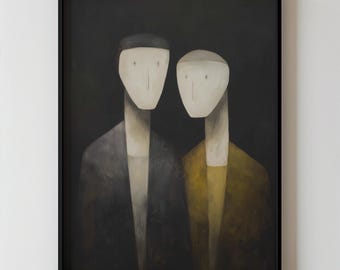 May include: Abstract art print featuring two figures with elongated necks and pale faces against a dark background. One figure wears a dark jacket, the other a mustard-colored jacket. The artwork is framed in black, with "SIEK STUDIO" printed at the bottom.