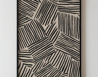 Dessin au trait abstrait minimaliste audacieux, rayures noires modernes sur motif géométrique beige, art mural contemporain imprimable, décoration de salon 136