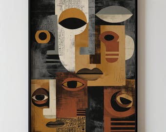 Modern Ethnic Wall Art, African Cubist Faces Portrait Printable In Warm Neutral Earth Tones, Contemporary Cultural Decor Download 433