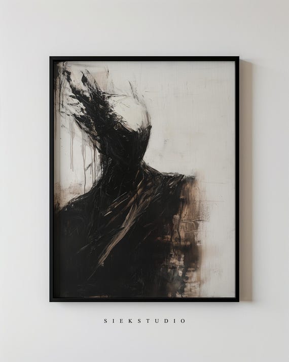 Dark Abstract Psychological Faceless Art Portrait Moody Black and White Figurative Art Emotional Surreal Painting Gothic Aesthetic Printable