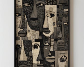 Abstract African Portrait Wall Art, Cubist Tribal Faces Printable Decor In Neutral Gray And Black Tones 437