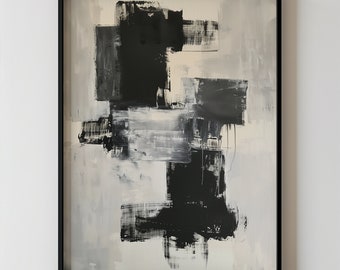 Impressão monocromática de expressionismo abstrato, arte de parede minimalista moderna em preto e branco, decoração de casa neutra para impressão, download digital de arte