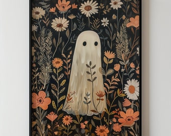 Ghost in Floral Autumn Colors Garden Art Printable Halloween Wall Art, Spooky Botanical Decor, Cute Ghost Painting, Fall Floral Illustration