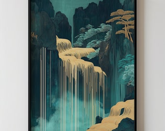 Golden Waterfall Print Japanese Waterfall Art Hokusai Ukiyo-e Inspired Modern Japanese Home Decor Teal and Gold Wall Art Printable Landscape